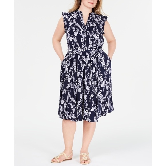 Charter Club Navy Floral Belted Shirt Dress Navy Size 8 Petite - Picture 1 of 14